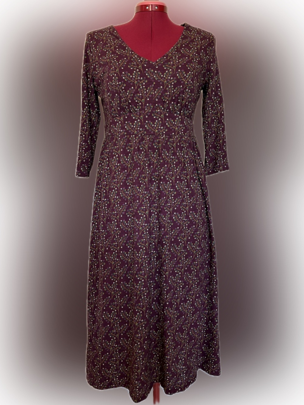Seasalt Cornwall Maggie Maxi Dress Organic Cotton Berry Tree Grape 3/4 Sleeve